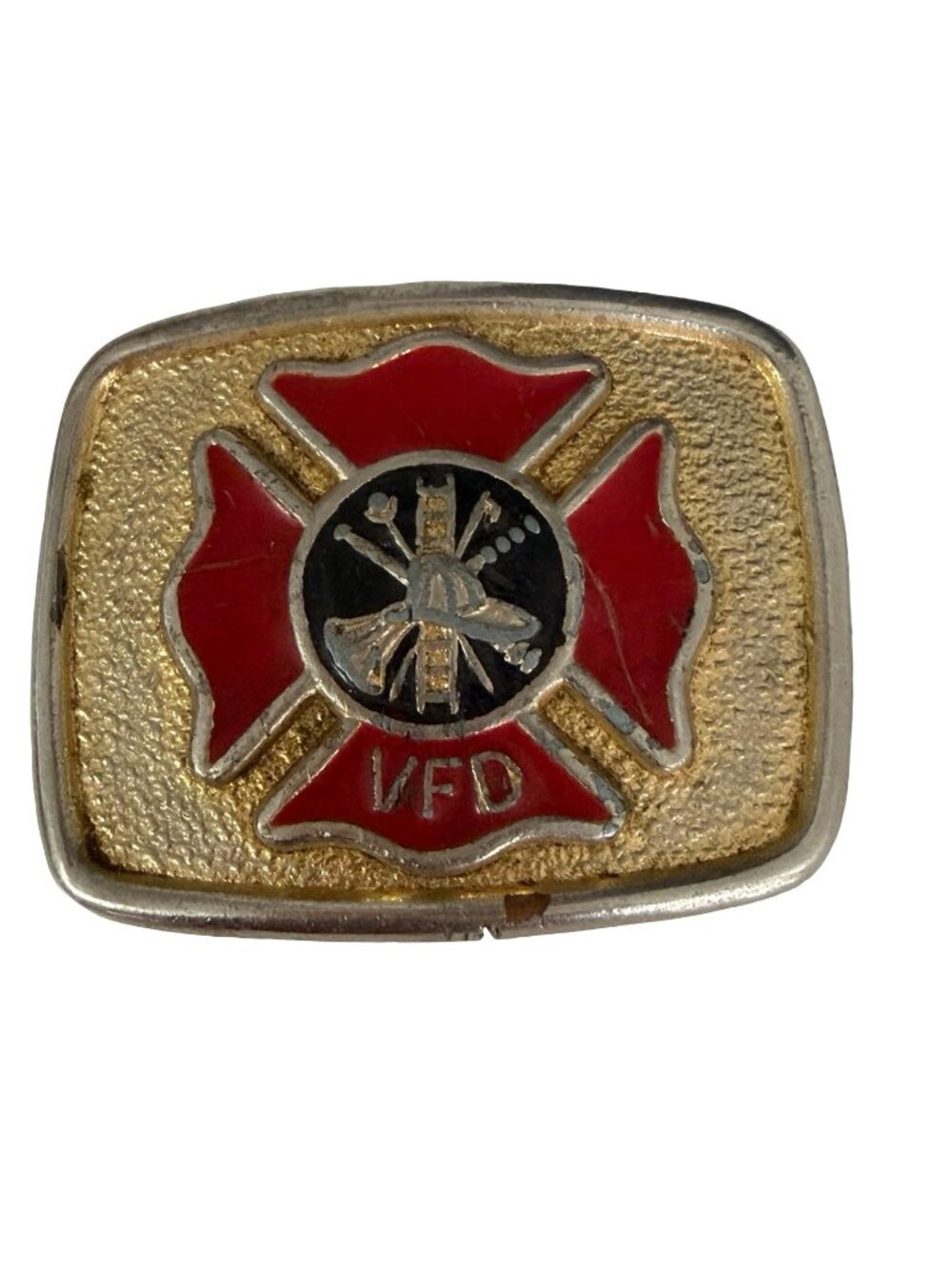 Vtg Volunteer Fire Department VFD Belt Buckle Maltese Cross Firefighter Red Enam